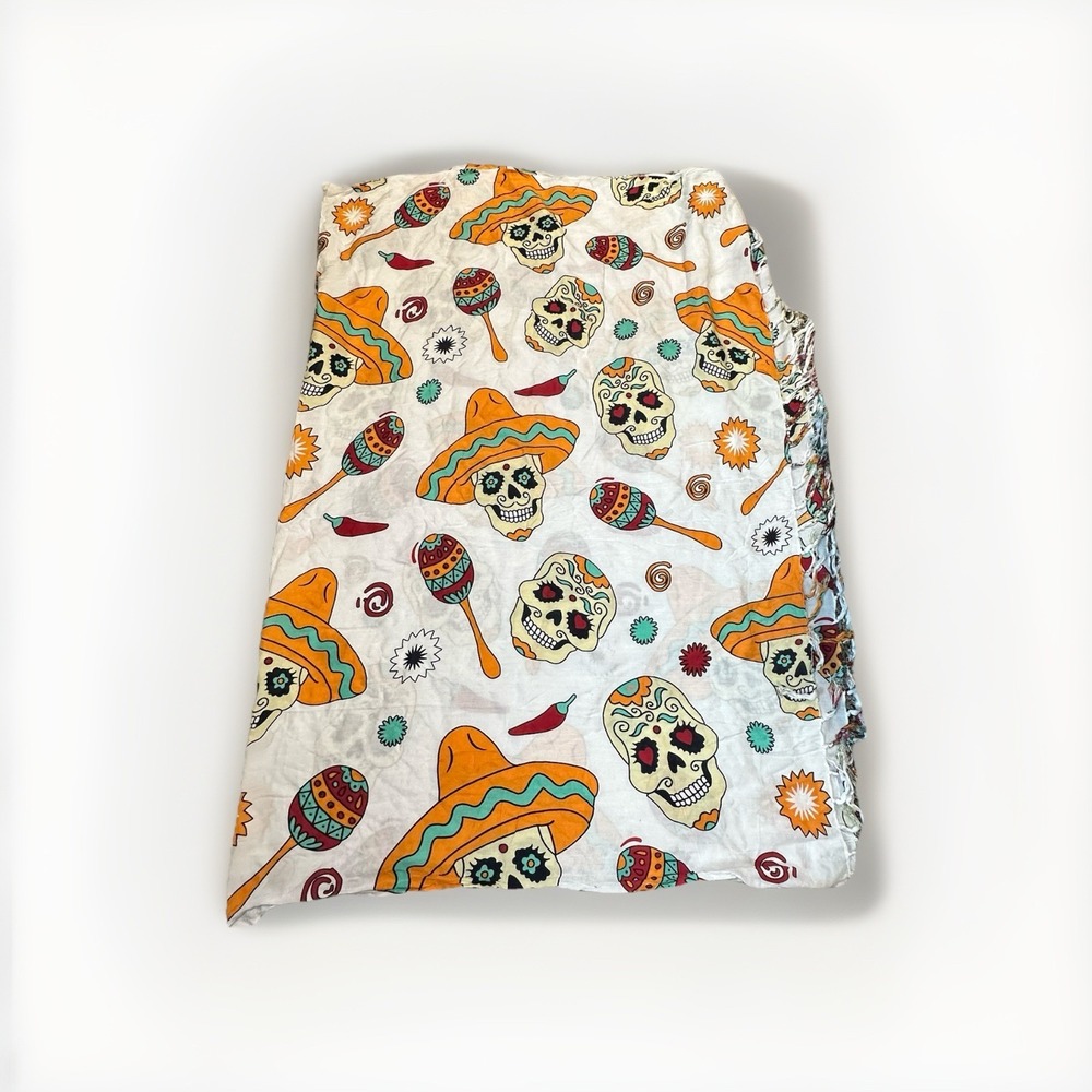 Boho Pareo Sarong Wrap – Sugar Skull Sombrero Print – Festival Beach Scarf OS‎